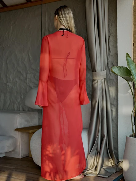 Şifon Fırfırlı Pareo Kimono Mercan - 4