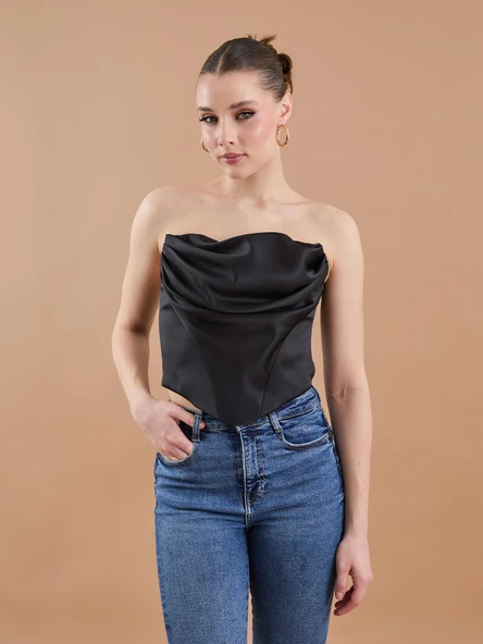 Saten Büzgü Detaylı Büstiyer Siyah - 6