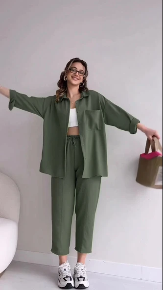 İkili Takım Elbise Pantolon Gömlek Keten Günlük