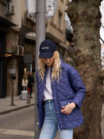 Kapitone Düğme Detay Oversize Ceket Lacivert - 7