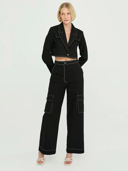 Gabardin Dikiş Detay Crop Ceket Siyah - 7