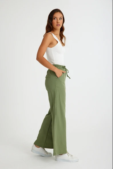 Tasarım Beli Lastikli Bağcıklı Keten Günlük Pantolon - 7