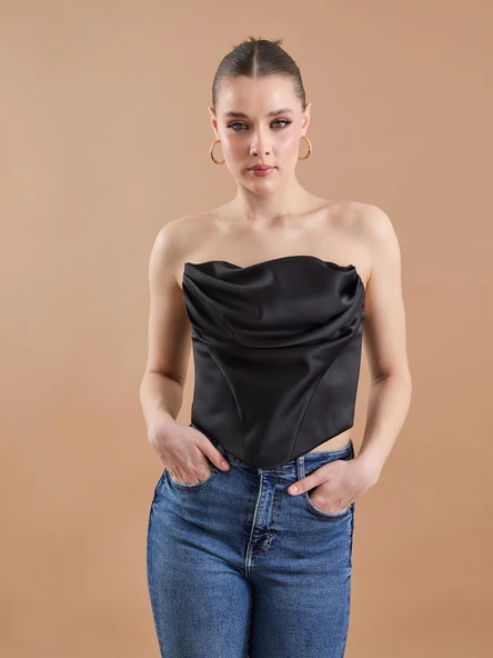 Saten Büzgü Detaylı Büstiyer Siyah - 9