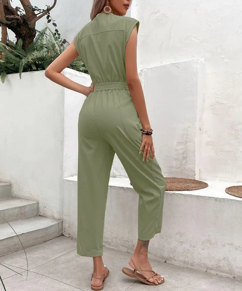 Düğmeli Kolsuz Tulum Keten Kadın Tek Sıra - Resim 3