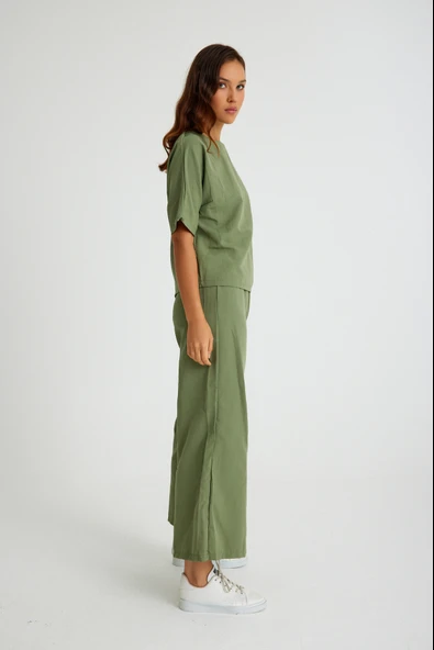 Beli Lastikli Kadın İkili Takım Alt Üst Keten Günlük Rahat - Resim 2