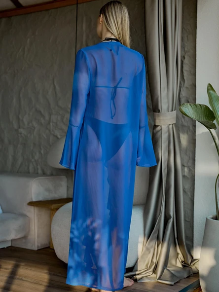 Şifon Fırfırlı Pareo Kimono Saks - 5
