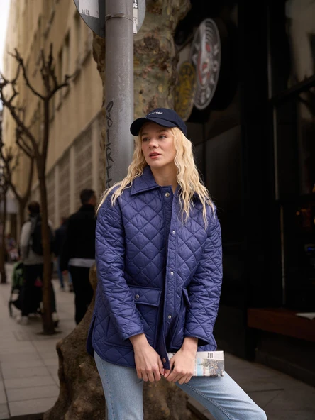 Kapitone Düğme Detay Oversize Ceket Lacivert - 6