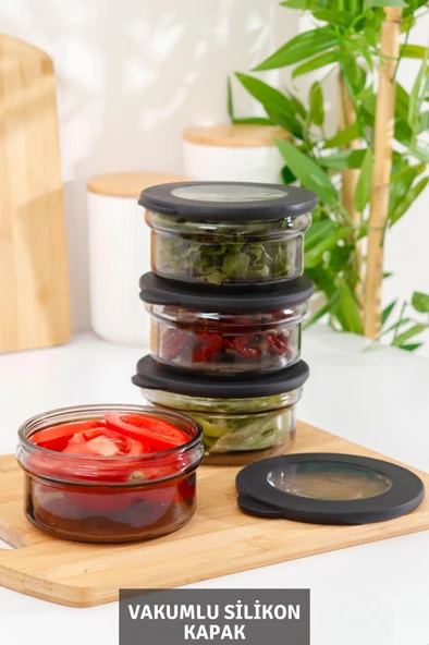 HOMENIVA 4 Adet Black Pearl Vakumlu Kapak Cam Saklama Kabı - Cam Kahvaltı Seti - 2