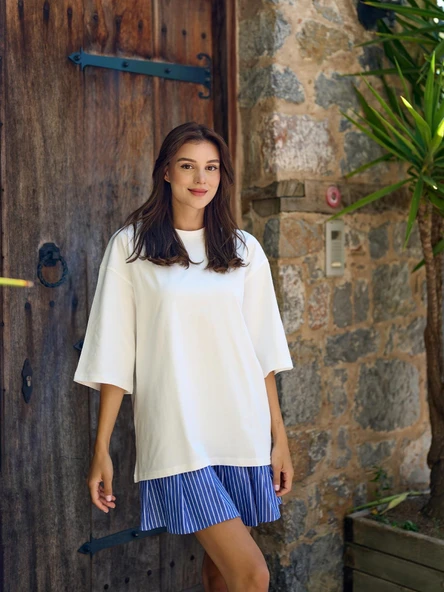 Pamuklu Oversize Basic T-shirt Ekru - 5