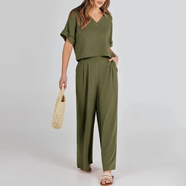 Rahat Elbise Zarif Kadin T-shirt ve Uzun Pantolon Alt Üst İkili Takım V Yaka Kısa Kollu Salaş - 3
