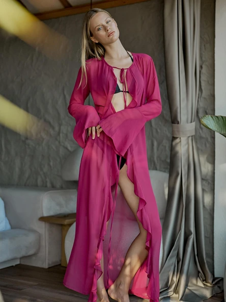 Şifon Fırfırlı Pareo Kimono Fuşya - 11