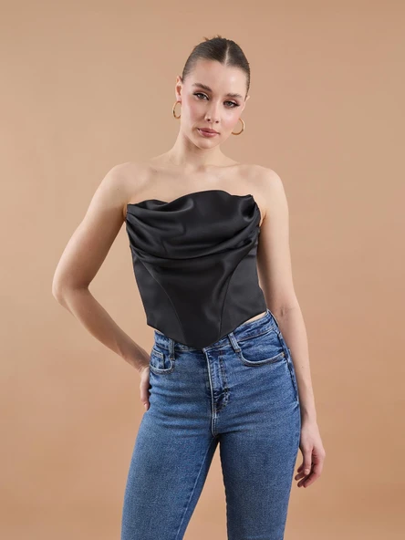 Saten Büzgü Detaylı Büstiyer Siyah - 2