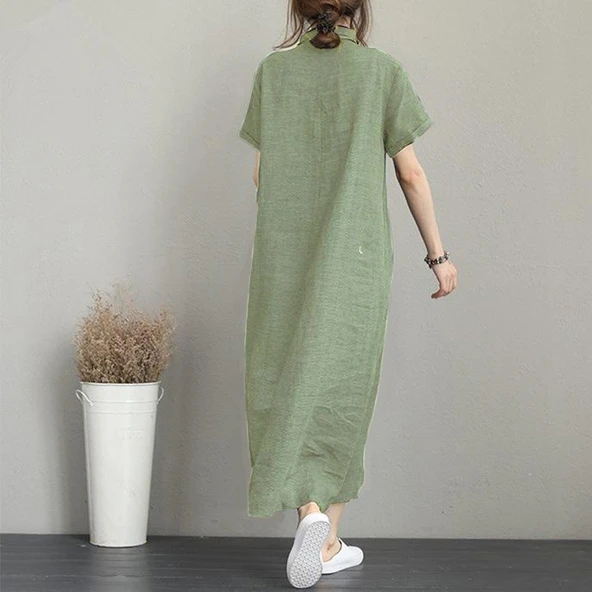 Yazlık Salaş Kadın Elbise Keten Günlük Kısa Kol Tam Boy - 2