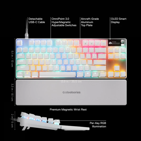 SteelSeries Apex Pro TKL Gen 3 OmniPoint 3.0 HiperManyetik Switch RGB Mekanik Kablolu Oyuncu Klavyesi (UK) - Beyaz - 3