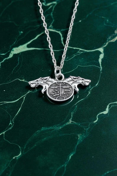 Kam - Şaman Davulu Kurt Gümüş Kaplama Düz Zincir Kolye ürün görseli 1