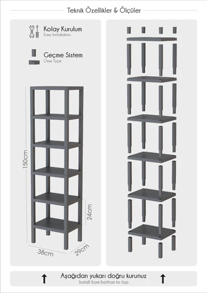 HOMENIVA 6 Katlı Ombeg Düzenleyici Banyo Rafı, Havluluk, Deterjanlık Makyaj Organizer - 6