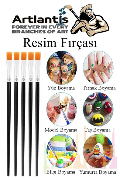 Resim Fırçası 2 Numara 5 Adet Yassı Uçlu Sentetik Resim Fırça Ekonomik Suluboya Akrilik Boya Guaj Boya Yağlı Boya - 3