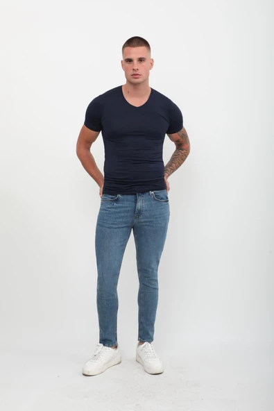 Erkek Süper Skinny Fit Düşük Bel Dar Kesim Dar Paça Likralı Mavi Jean Pantolon