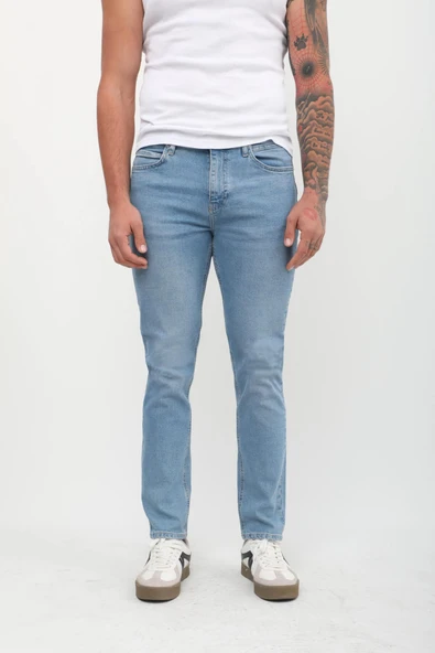 Erkek Slim Fit Düşük Bel Dar Kesim Dar Paça Likralı Açık Mavi Jean Pantolon - 4