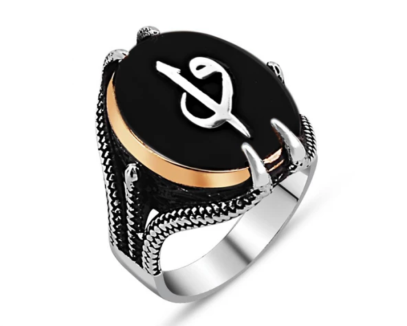 Gümüş Siyah Taşlı Kartal Pençesi Elif Vav Erkek Yüzük ürün görseli