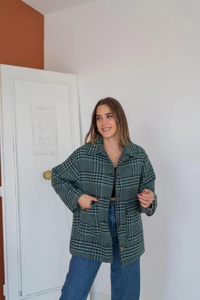 Mint Düğmeli Ekoseli Kaban