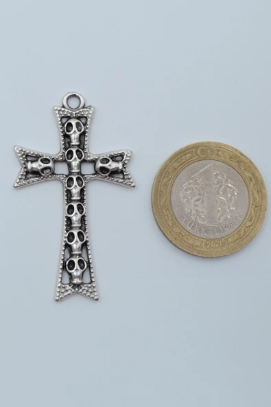 Kuru Kafalı Haç Gümüş Kaplama Düz Zincir Kolye - Resim 4