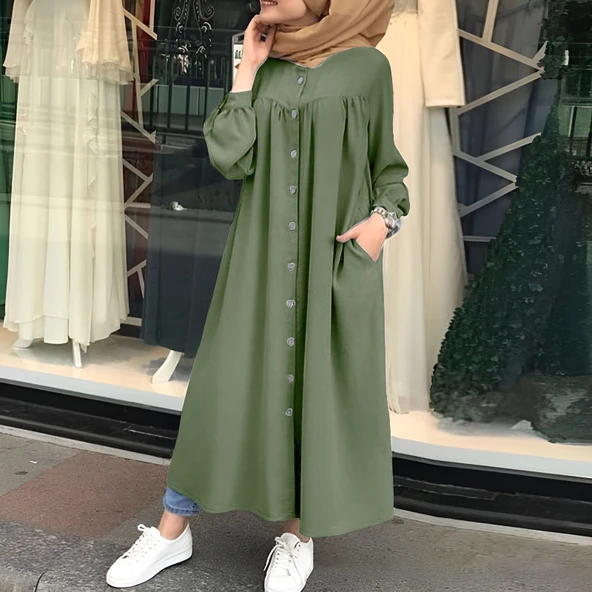 Tasarım Gömlek Kadın Elbise Büzgülü Keten Günlük Yazlık