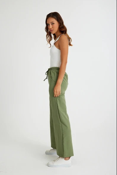 Tasarım Beli Lastikli Bağcıklı Keten Günlük Pantolon - Resim 5