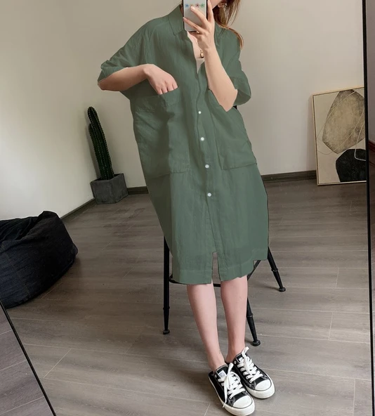 Elbise Keten Günlük Cep Detaylı Salaş Kadın ürün görseli