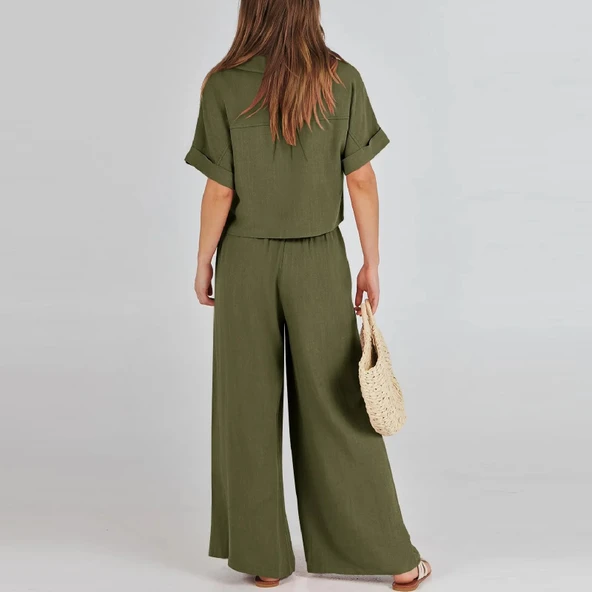 Rahat Elbise Zarif Kadin T-shirt ve Uzun Pantolon Alt Üst İkili Takım V Yaka Kısa Kollu Salaş - Resim 4