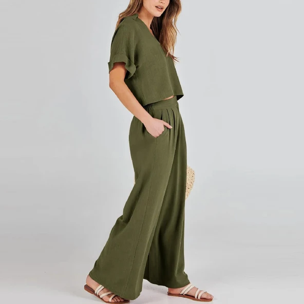 Rahat Elbise Zarif Kadin T-shirt ve Uzun Pantolon Alt Üst İkili Takım V Yaka Kısa Kollu Salaş - Resim 5