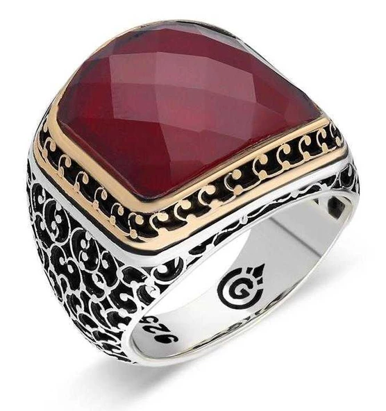 Gümüş Yakut Renk Kırmızı Taşlı Erkek Yüzük