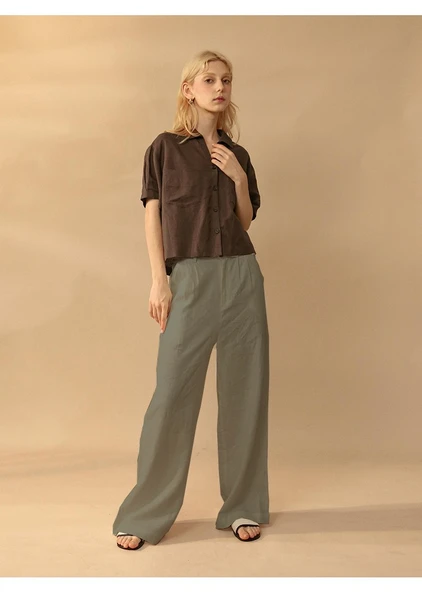 Tasarım Kadın Keten Pantolon Düğmeli ürün görseli 1