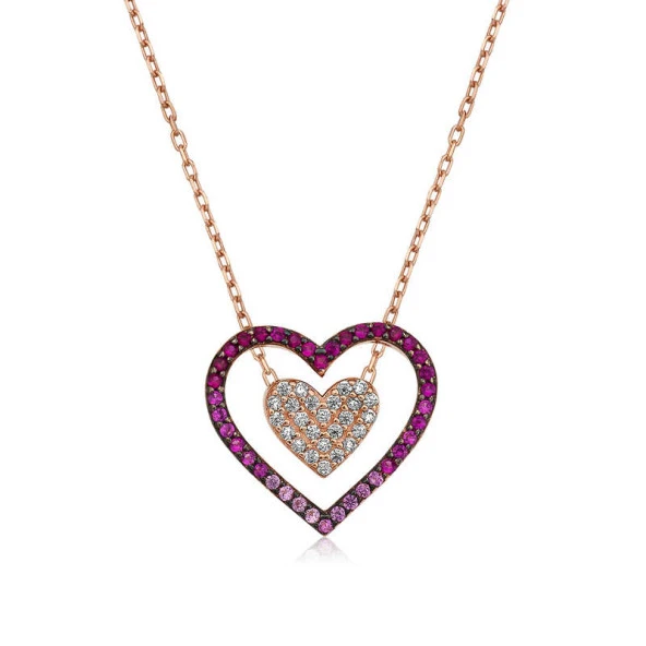 Gümüş Rose İki Kalp Bayan Kolye ürün görseli 1