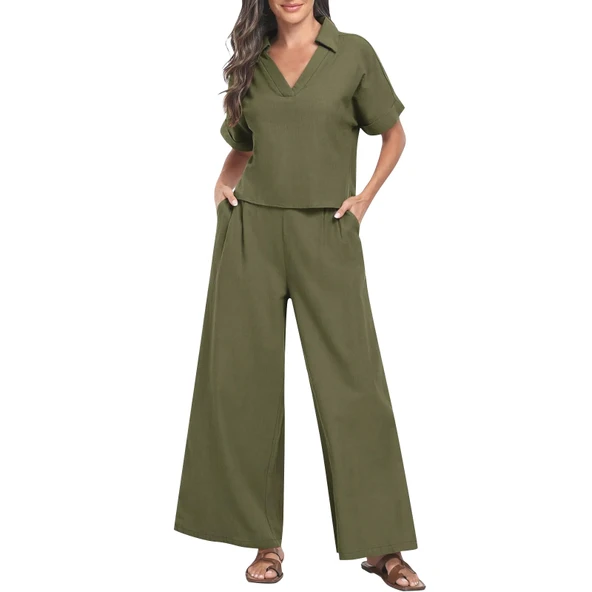 Rahat Elbise Zarif Kadin T-shirt ve Uzun Pantolon Alt Üst İkili Takım V Yaka Kısa Kollu Salaş - Resim 2