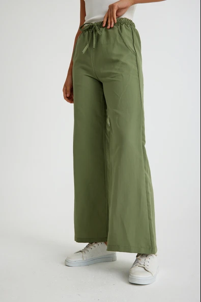 Tasarım Beli Lastikli Bağcıklı Keten Günlük Pantolon - Resim 2