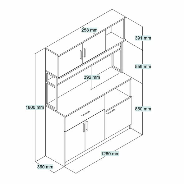 Tanmob MTD0201 İnci 128 cm Kapaklı Çekmeceli Raflı Mutfak Dolabı Beyaz - 4