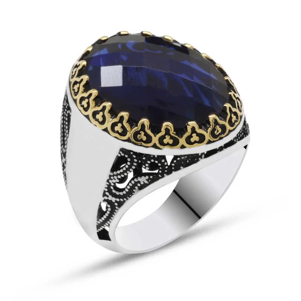 Gümüş Mavi Zirkon Taşlı Erkek Yüzük - Resim 3
