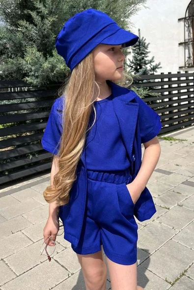Kız Çocuk Kolsuz Penye Bluz Kısa Kollu Blazer Ceket Şapkalı Saks Mavisi Şortlu Takım - 11