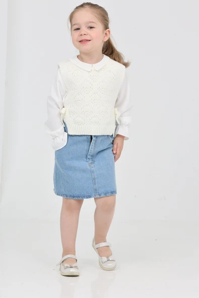 Kız Çocuk 3'lü Jean Takım (Jean Etek+Gömlek+Triko Yelek) 12170 - 3