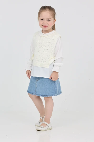 Kız Çocuk 3'lü Jean Takım (Jean Etek+Gömlek+Triko Yelek) 12170