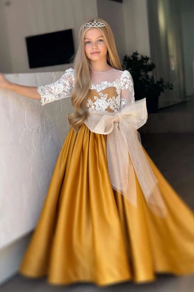 Kız Çocuk Yakası Şeffaf Tül Omuz ve Kolları Güpür İşlemeli Fiyonk Detaylı Saten Hardal Uzun Abiye - Resim 3