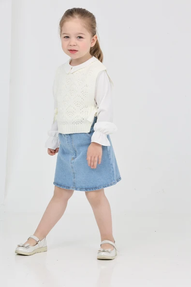 Kız Çocuk 3'lü Jean Takım (Jean Etek+Gömlek+Triko Yelek) 12170 - 5