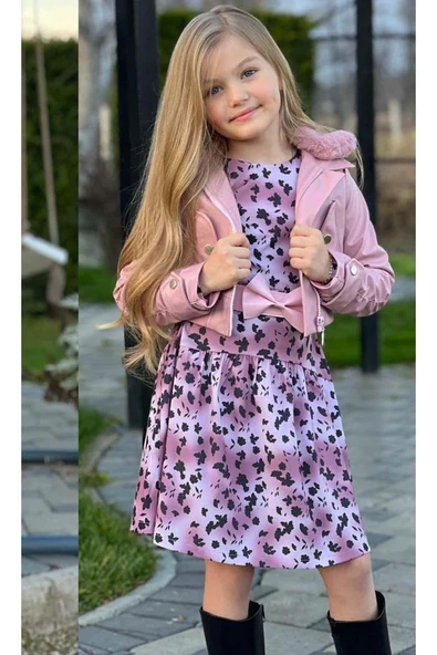 Kız Çocuk Kapişonu Peluş Cep Detaylı Pembe Deri Ceket Yaprak Baskılı Elbise - 4