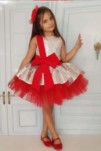 Kız Çocuk Önü ve Arkası Fiyonk Detaylı Üstü Pulpayet İşlemeli Etek Ucu Tüllü Gümüş Abiye - Resim 2