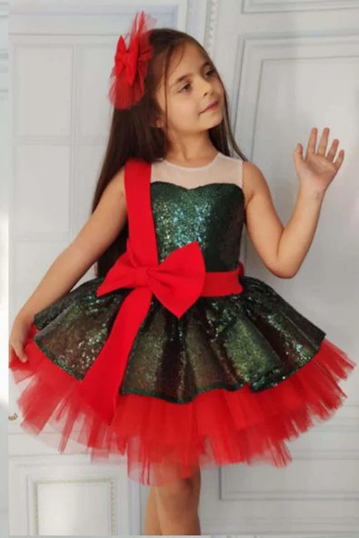 Kız Çocuk Önü ve Arkası Fiyonk Detaylı Üstü Pulpayet İşlemeli Etek Ucu Tüllü Haki Abiye - Resim 3