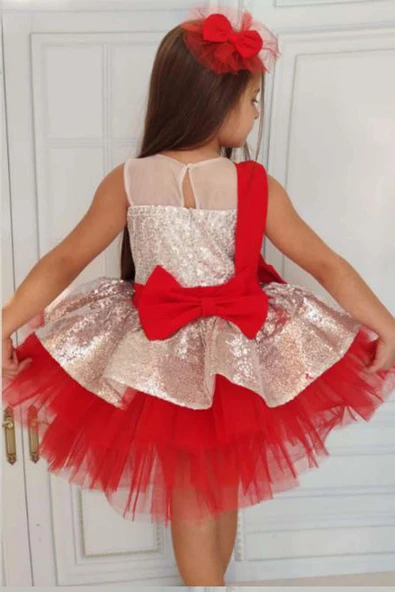 Kız Çocuk Önü ve Arkası Fiyonk Detaylı Üstü Pulpayet İşlemeli Etek Ucu Tüllü Gümüş Abiye - Resim 4