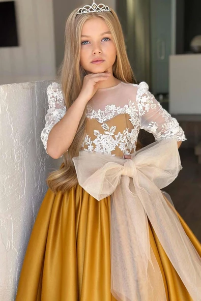 Kız Çocuk Yakası Şeffaf Tül Omuz ve Kolları Güpür İşlemeli Fiyonk Detaylı Saten Hardal Uzun Abiye - Resim 7