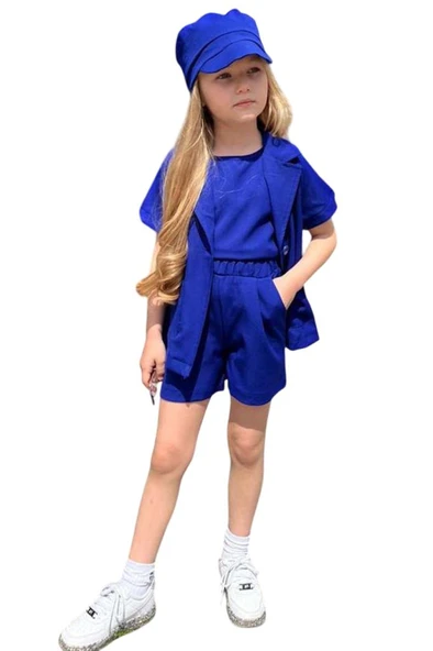 Kız Çocuk Kolsuz Penye Bluz Kısa Kollu Blazer Ceket Şapkalı Saks Mavisi Şortlu Takım - 4