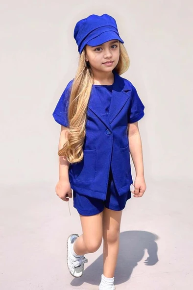 Kız Çocuk Kolsuz Penye Bluz Kısa Kollu Blazer Ceket Şapkalı Saks Mavisi Şortlu Takım - 8